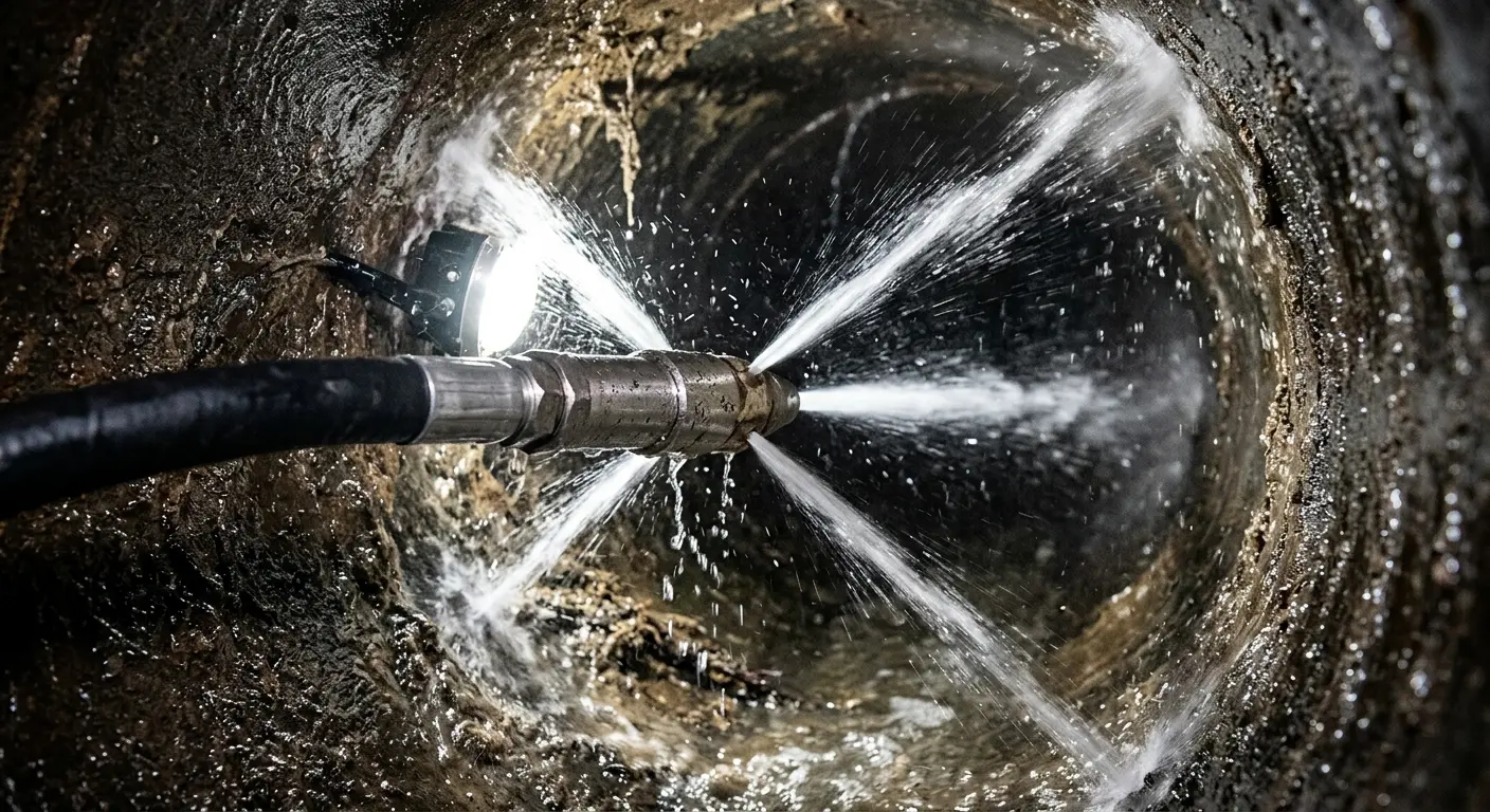 High-pressure hydro jetting nozzle cleaning sewer pipe for Emergency Drain Service in Lake St. Louis