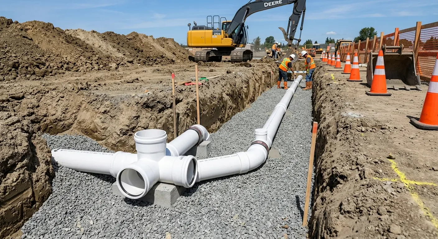 New PVC sewer pipe installation in open trench for Sewer Backup in Lake St. Louis