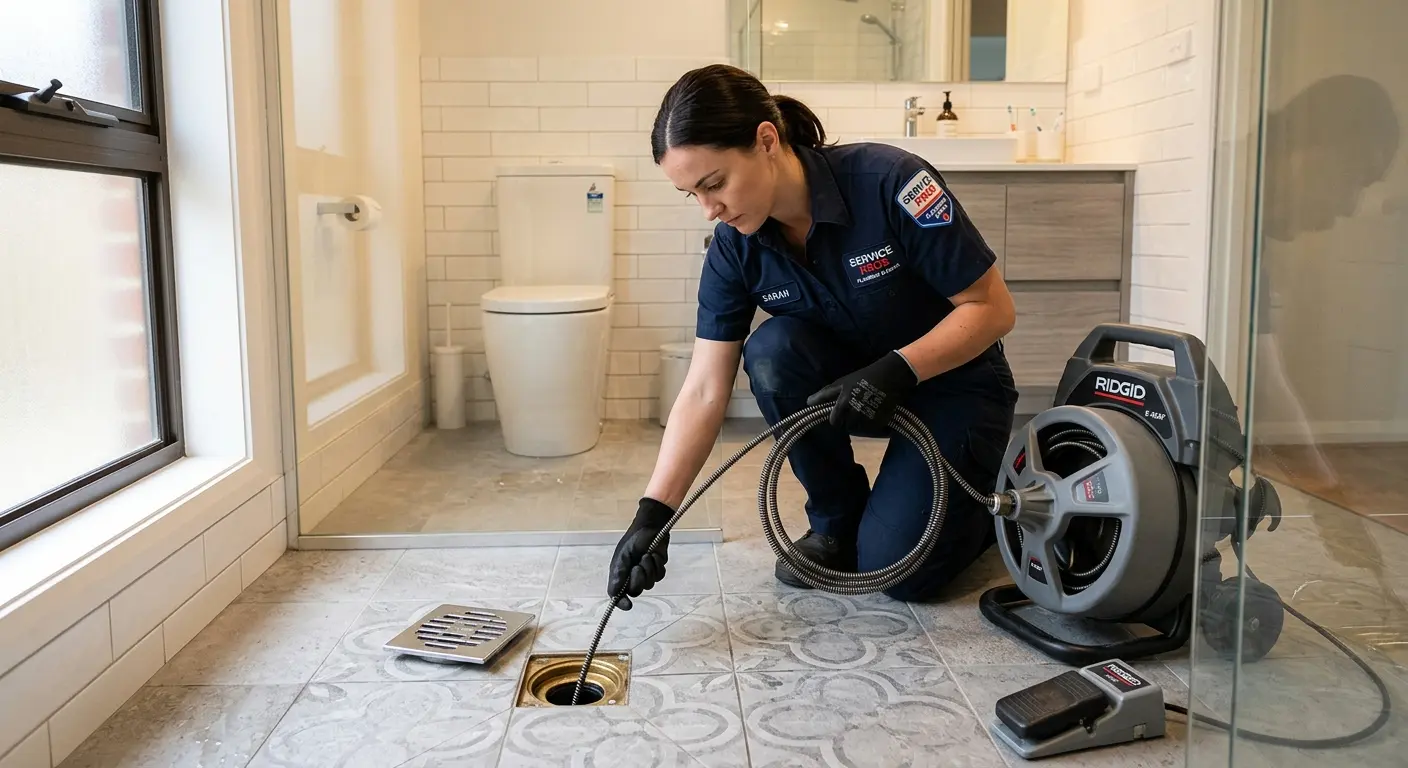 Technician clearing a bathroom floor drain for Drain Cleaning in Lake St. Louis